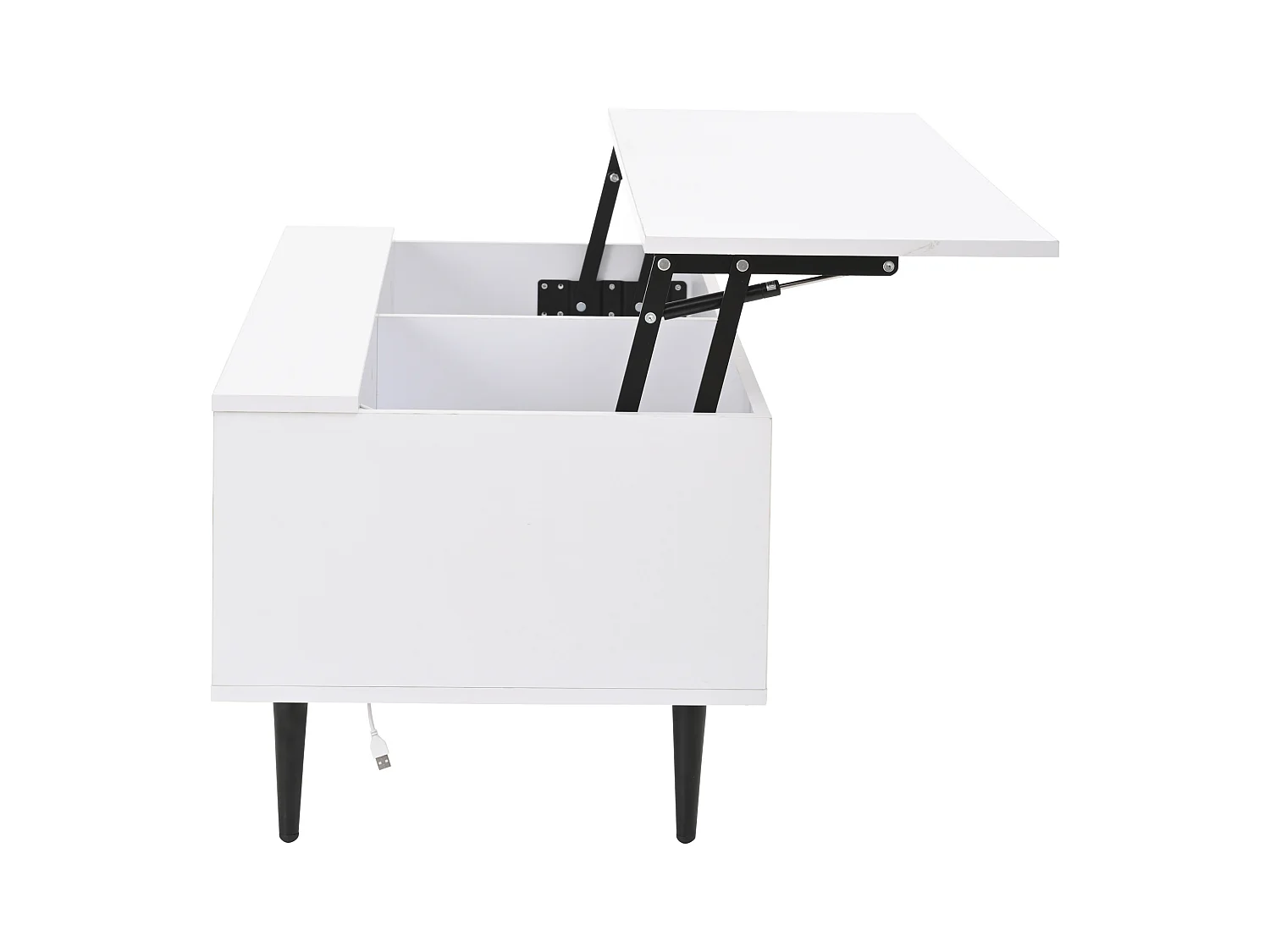 Table basse blanche avec plateau réglable en hauteur et rangement, éclairage LED - 4 pieds noirs