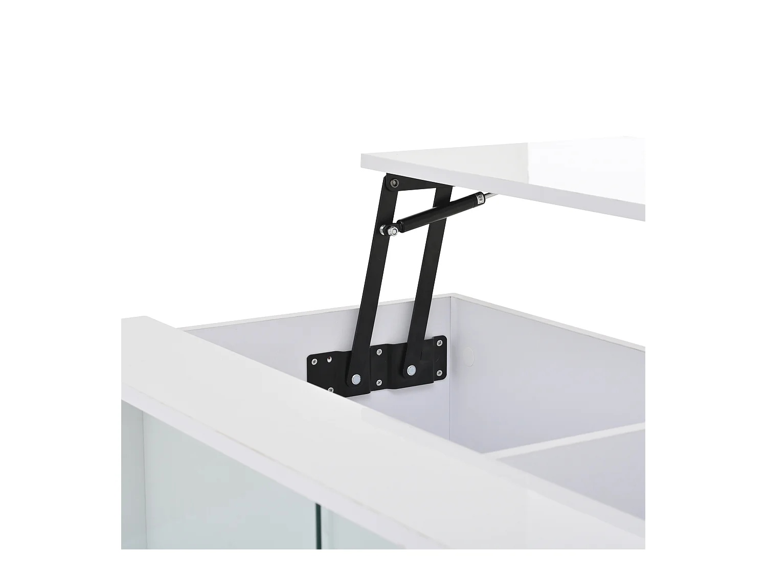 Table basse blanche avec plateau réglable en hauteur et rangement, éclairage LED - 4 pieds noirs