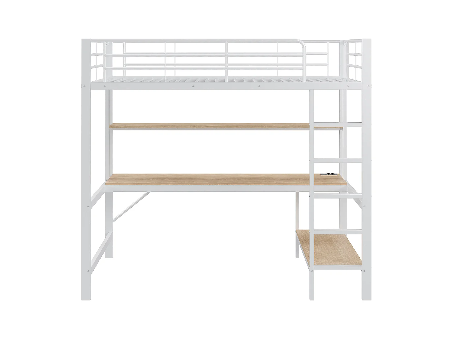 Lit mezzanine 90x200 cm avec éclairage USB et LED, étagères et bureau, blanc - sans matelas