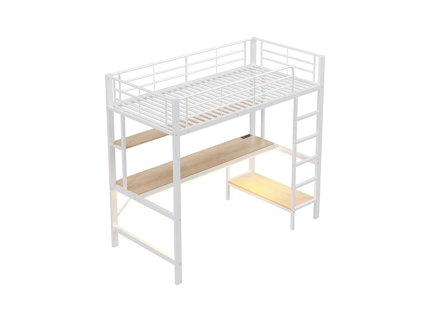 Lit mezzanine 90x200 cm avec éclairage USB et LED, étagères et bureau, blanc - sans matelas