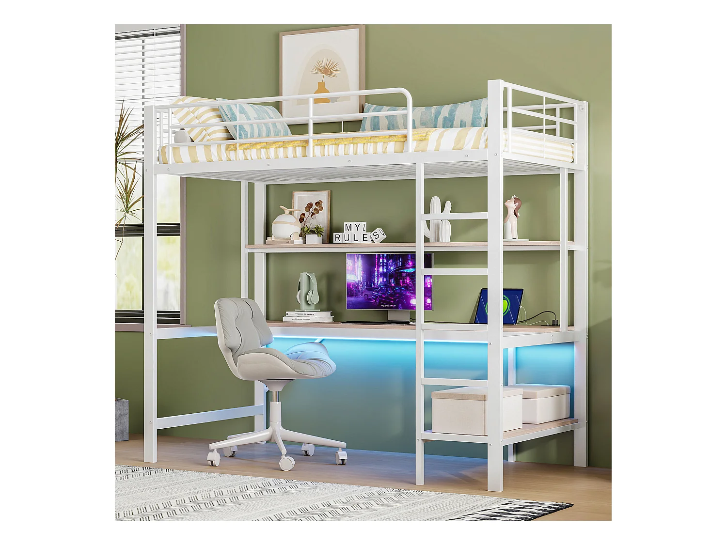 Lit mezzanine 90x200 cm avec éclairage USB et LED, étagères et bureau, blanc - sans matelas