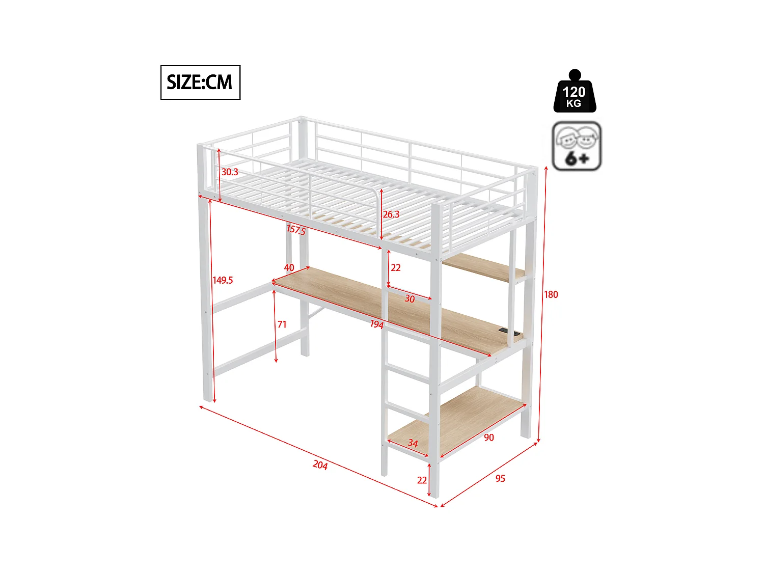 Lit mezzanine 90x200 cm avec éclairage USB et LED, étagères et bureau, blanc - sans matelas
