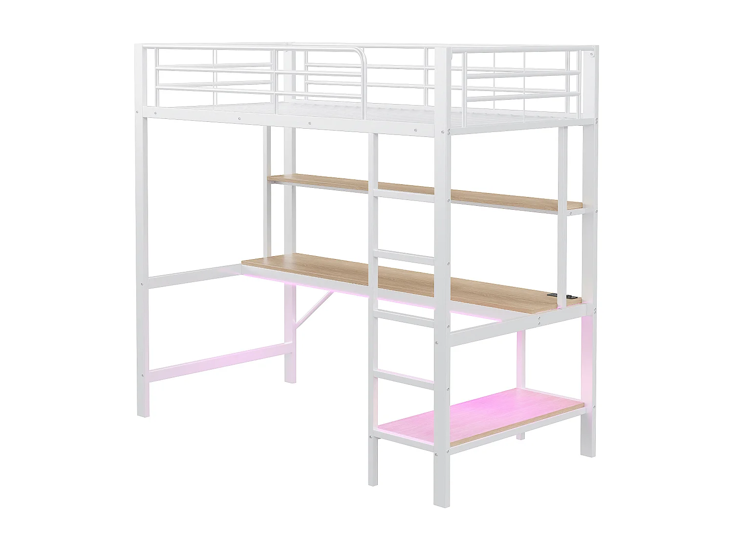 Hoogslaper 90x200 cm met USB- en LED-verlichting, planken en bureau, wit - zonder matras