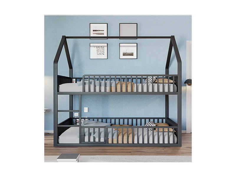 Etagenbett für Kinder 140x200 cm mit Treppe und Sicherheitsgeländern, schwarz - ohne Matratze