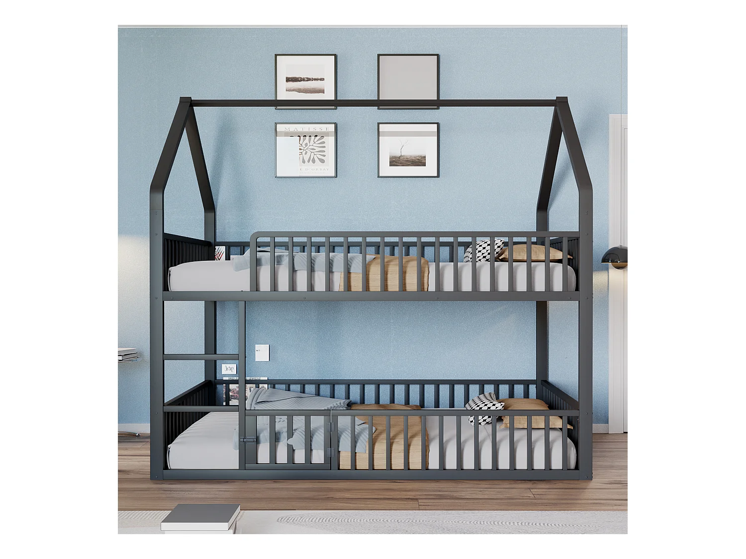 Lit superposé enfant 140x200 cm avec escalier et barrières de sécurité, noir - sans matelas