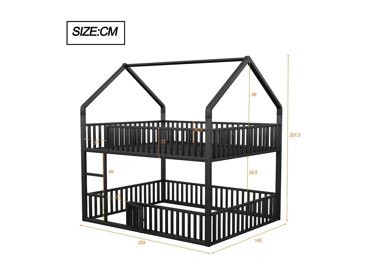 Lit superposé enfant 140x200 cm avec escalier et barrières de sécurité, noir - sans matelas