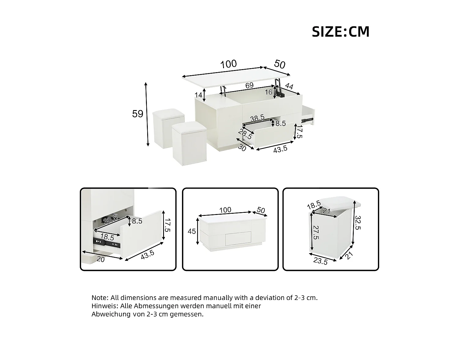 Table basse relevable Table basse LED avec 2 tiroirs et 2 tabourets - Blanc
