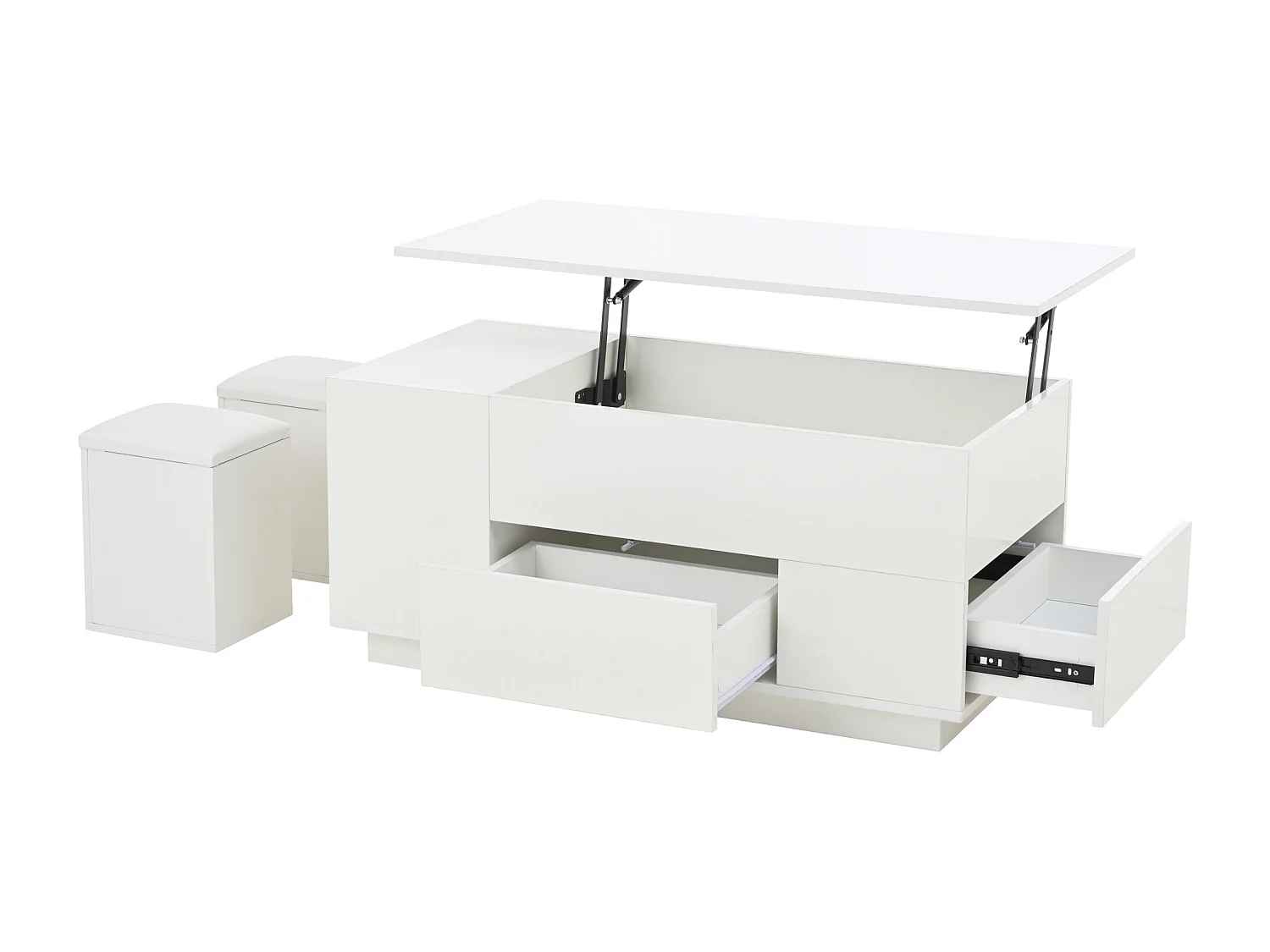 Table basse relevable Table basse LED avec 2 tiroirs et 2 tabourets - Blanc