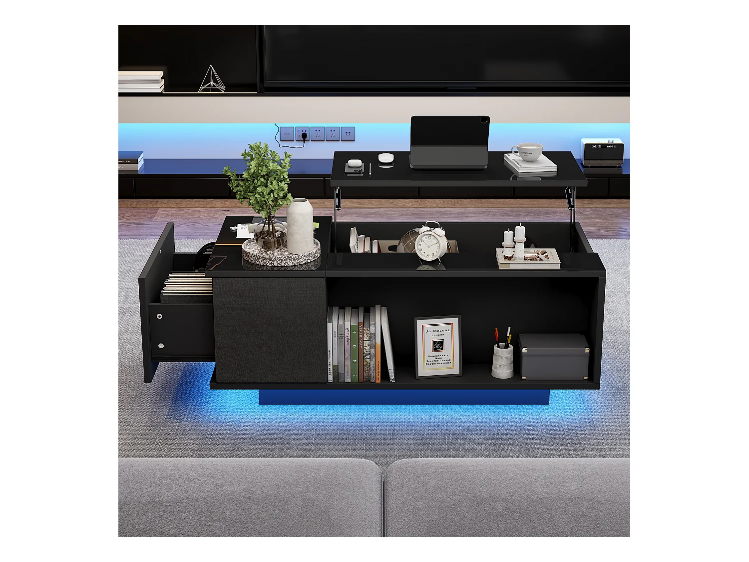 Table basse noire avec plateau réglable en hauteur et 1 tiroir de rangement, éclairage LED