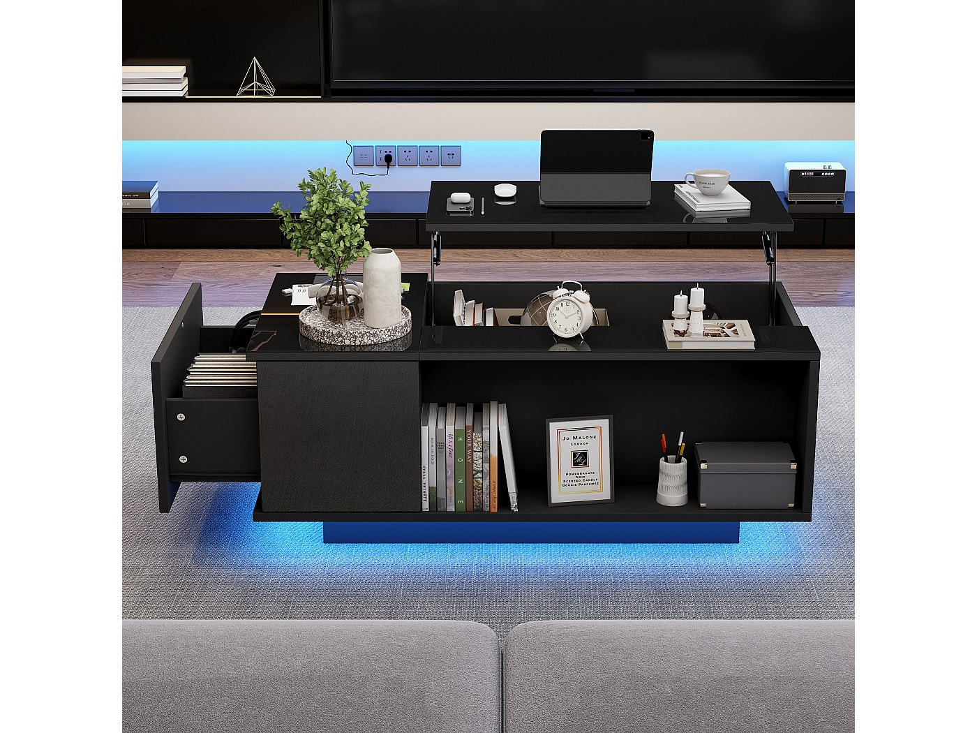 KEFSR Tavolino idraulico sollevabile con LED, 2 cassetti e stoccaggio, controllo tramite app Bluetooth per soggiorno, dimensioni 100 x 50 x 44 cm (bianco, 100 x 50 x 44 cm