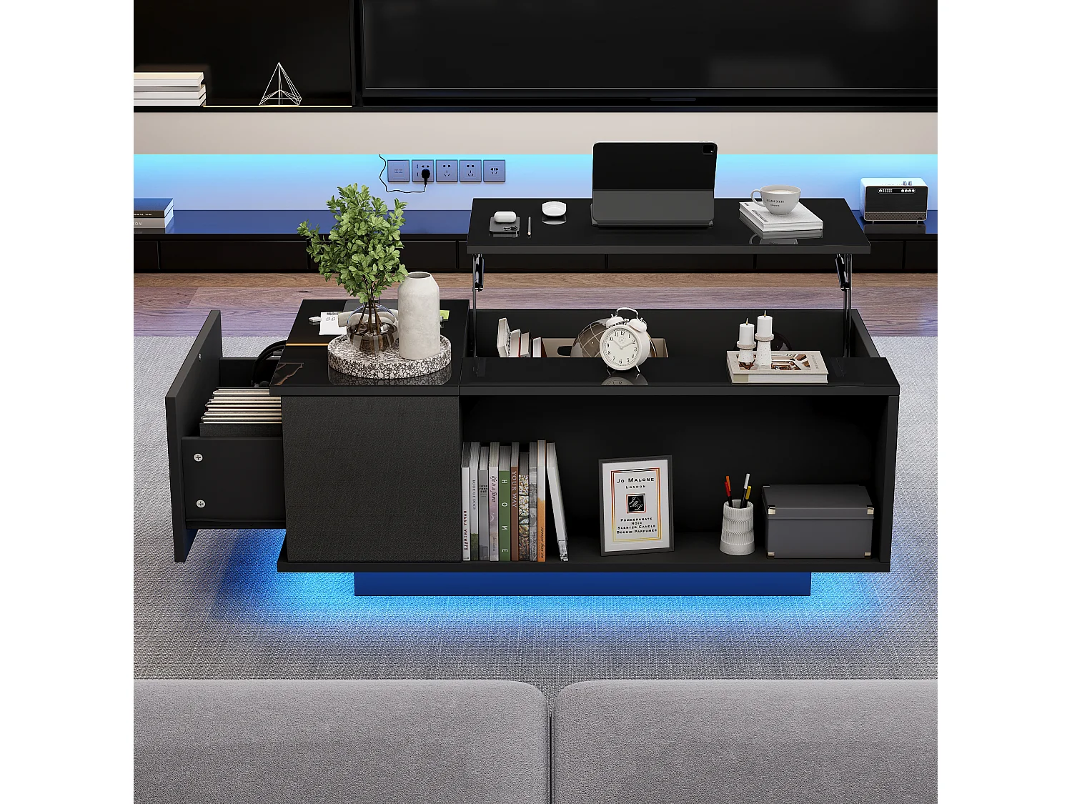 Table basse relevable Table basse noir avec éclairage LED et 1 tiroir de rangement