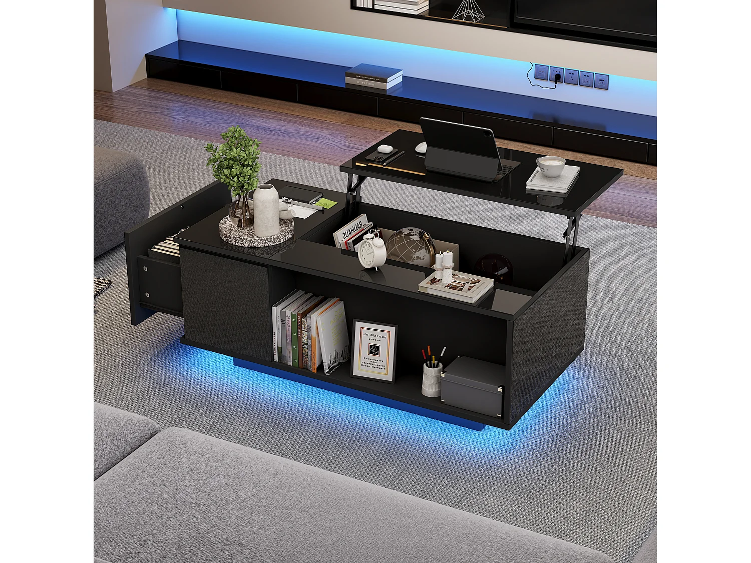 Table basse relevable Table basse noir avec éclairage LED et 1 tiroir de rangement