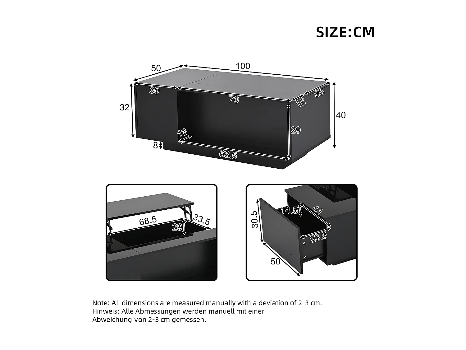 Table basse relevable Table basse noir avec éclairage LED et 1 tiroir de rangement