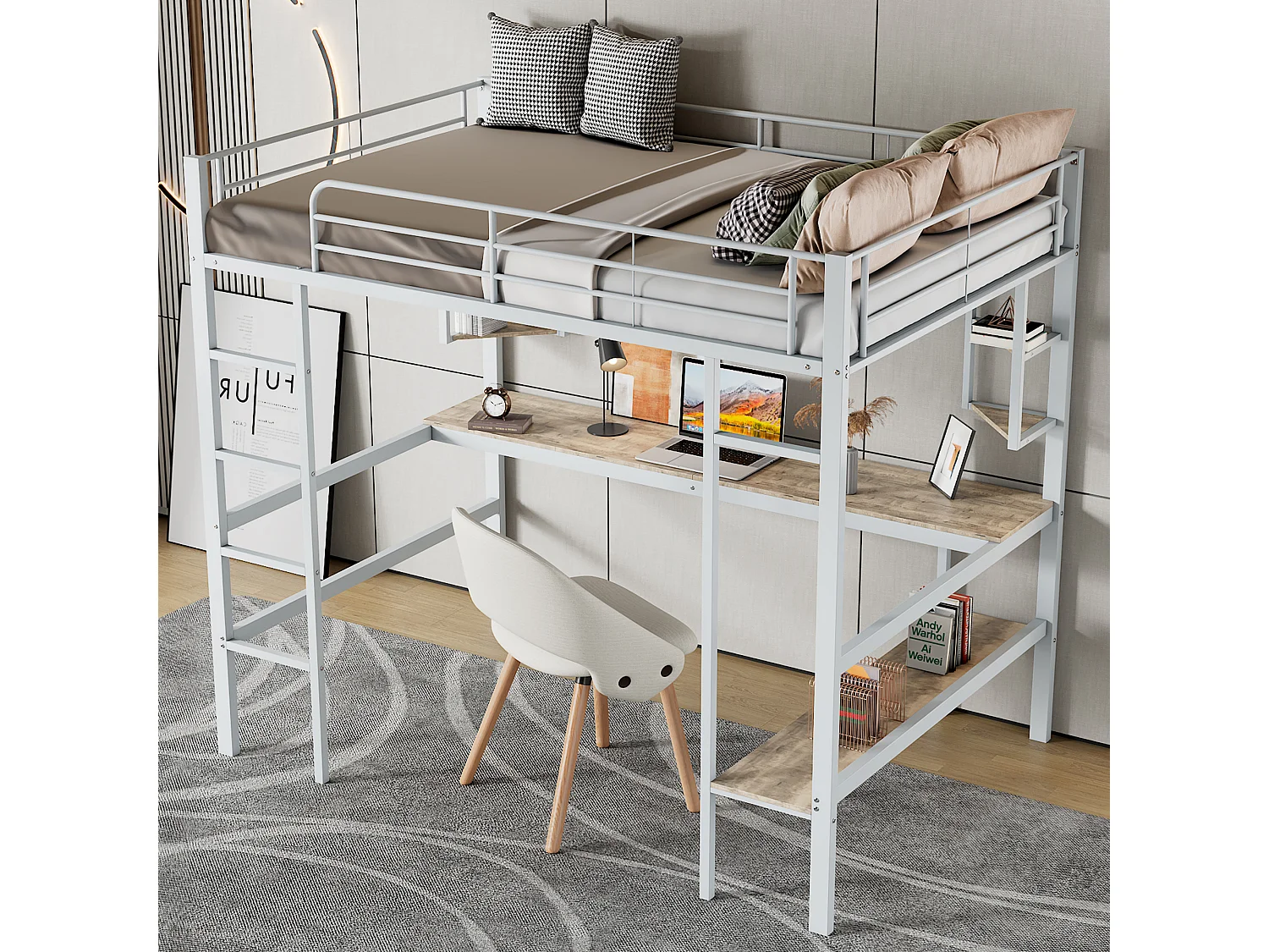 Cama loft infantil 90x200 cm con escritorio y estantería de almacenamiento, blanca - sin colchón