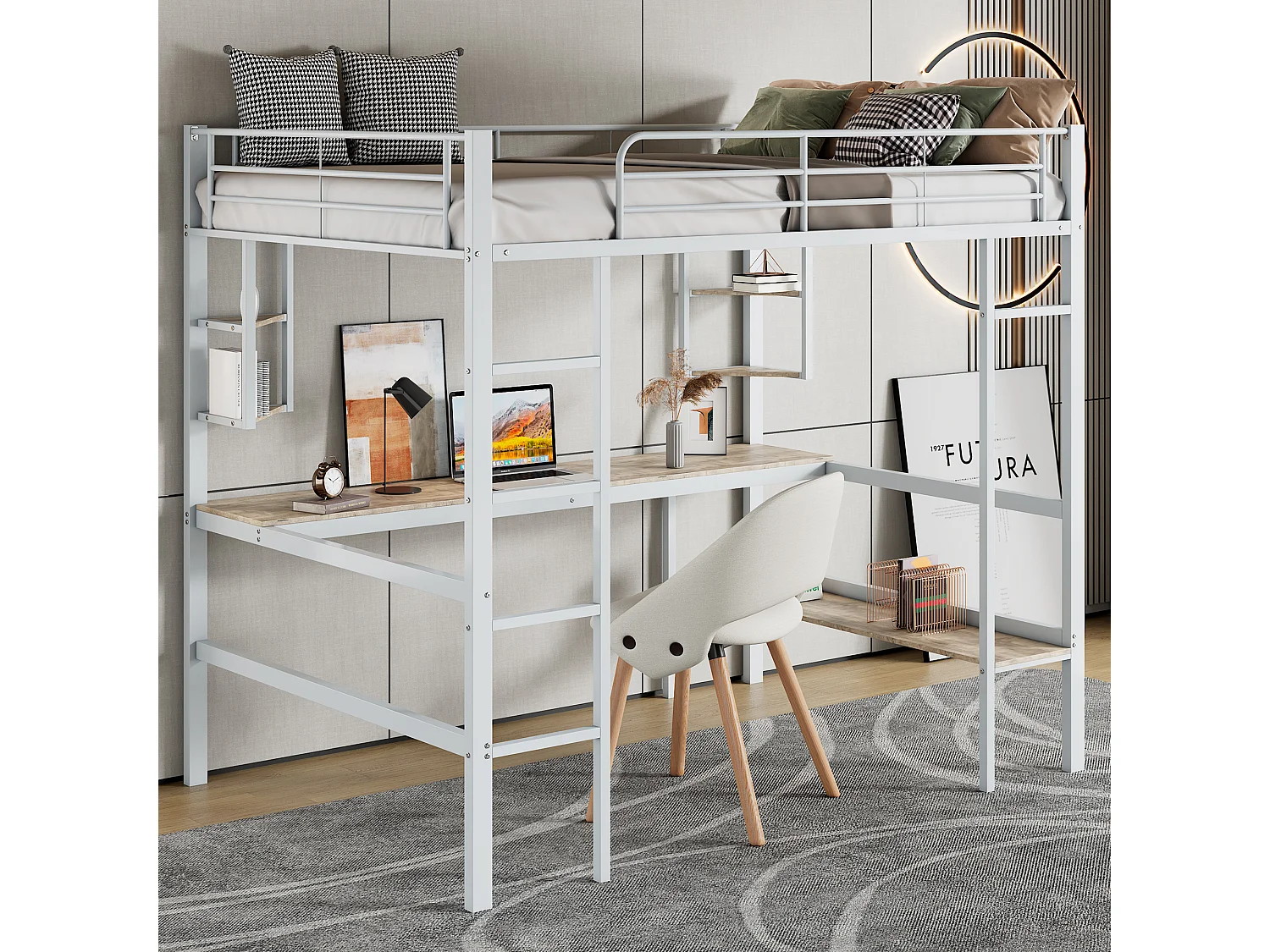 Lit mezzanine enfant 90x200 cm avec bureau et étagère de rangement, blanc - sans matelas