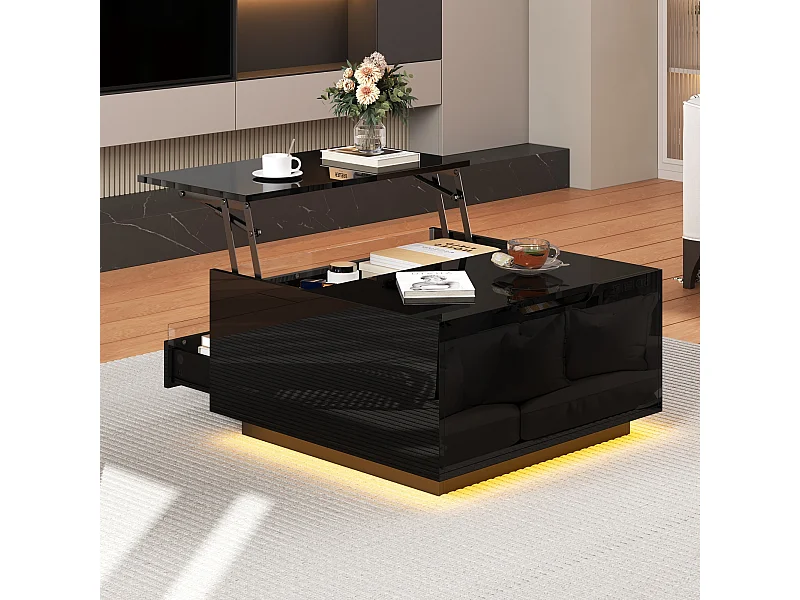 LED-salontafel met opklapbaar blad, 1 lade en 1 klepdeur - Zwart hoogglans