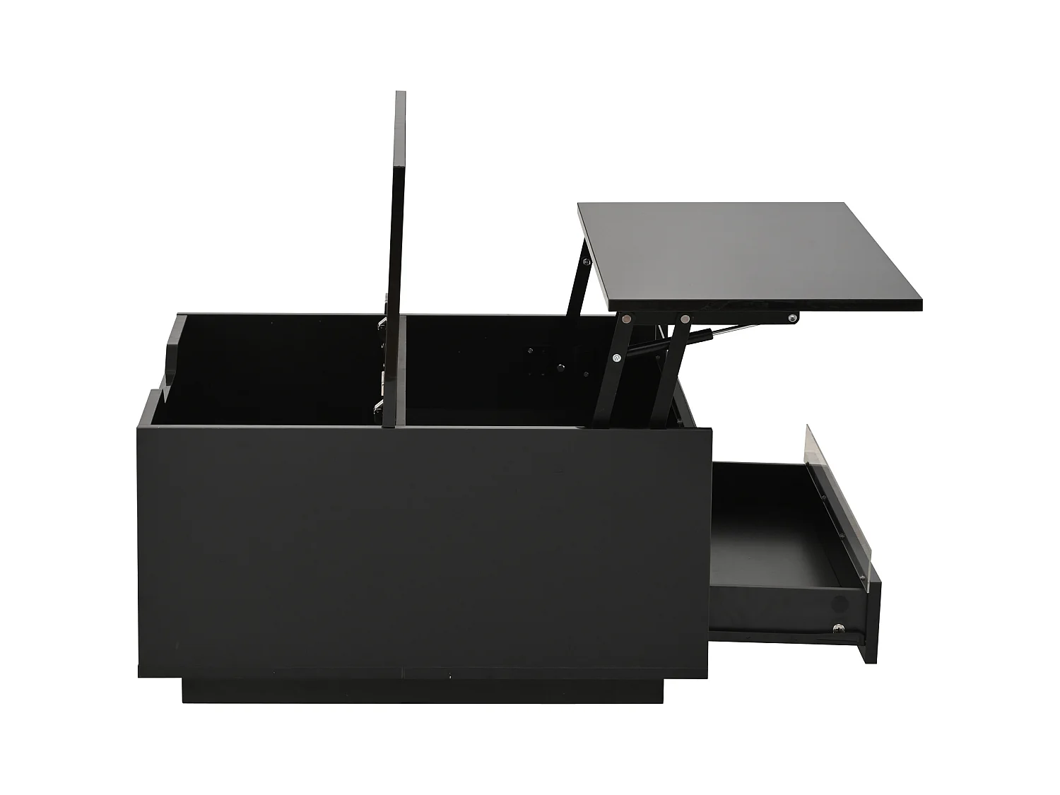 Table basse LED avec plateau relevable, 1 tiroir et 1 porte à abattant - noir brillant