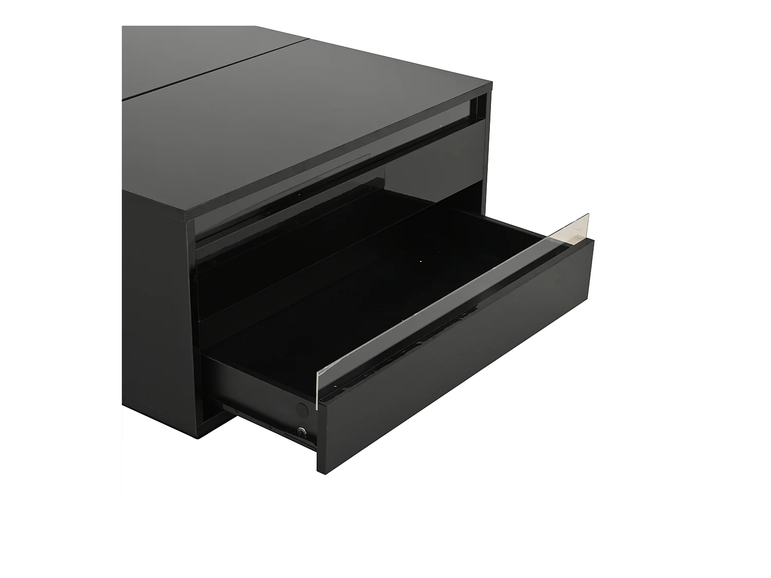 Table basse LED avec plateau relevable, 1 tiroir et 1 porte à abattant - noir brillant