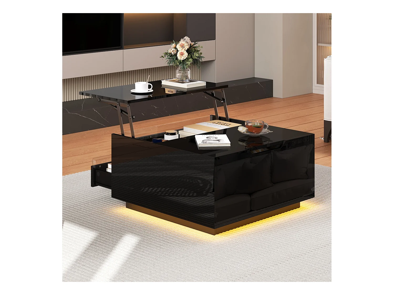 Table basse LED avec plateau relevable, 1 tiroir et 1 porte à abattant - noir brillant