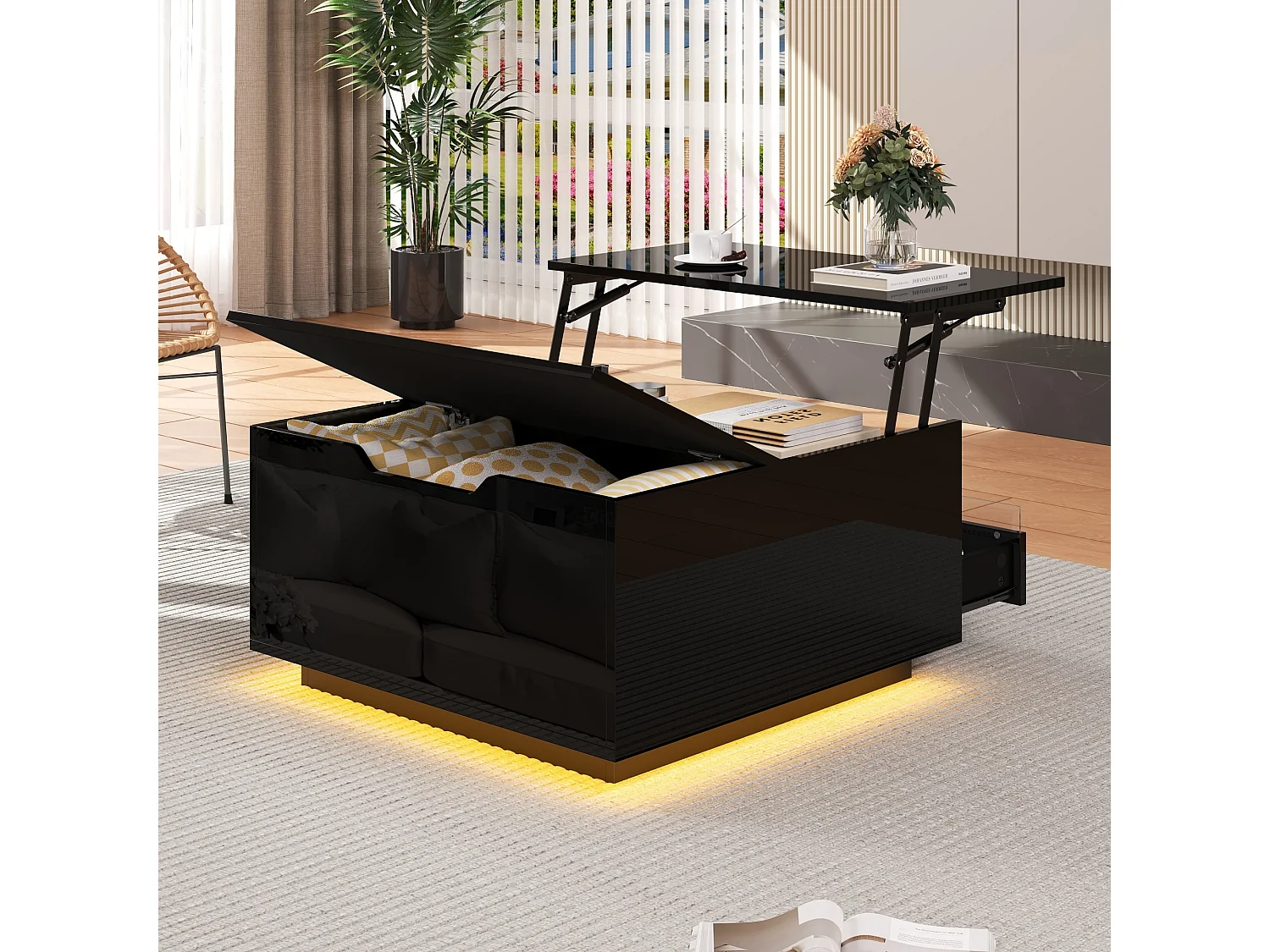Table basse LED avec plateau relevable, 1 tiroir et 1 porte à abattant - noir brillant
