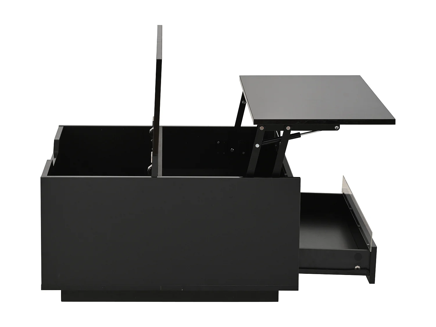 Table basse LED avec plateau relevable, 1 tiroir et 1 porte à abattant - noir brillant