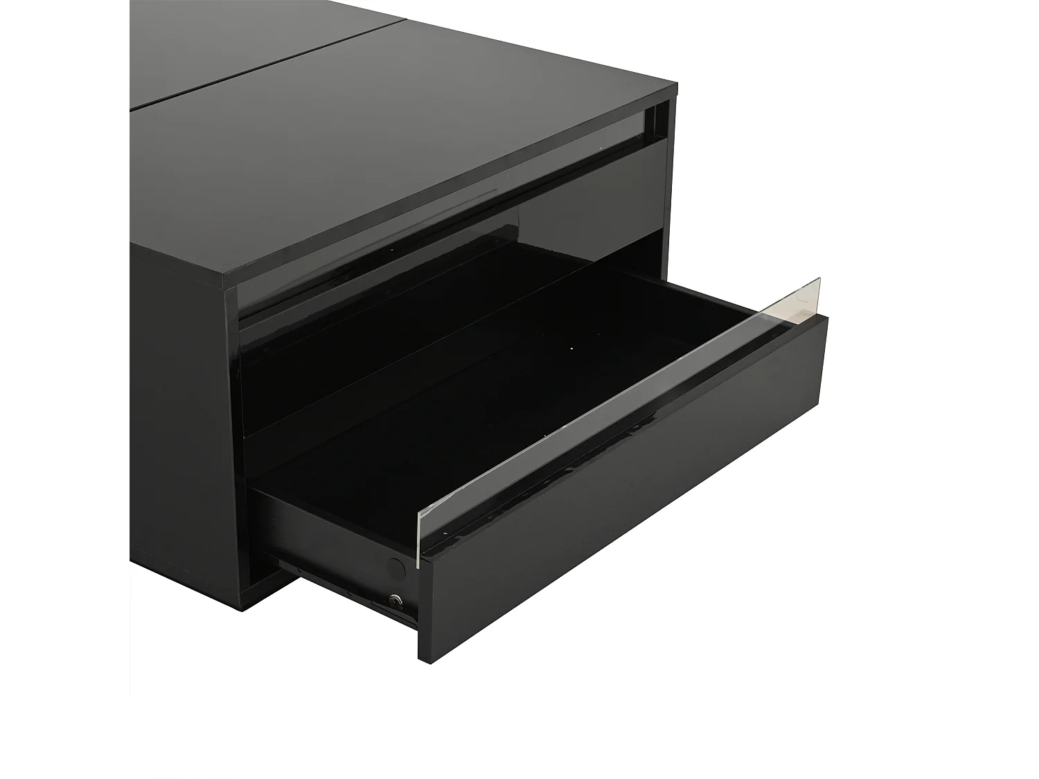 Table basse LED avec plateau relevable, 1 tiroir et 1 porte à abattant - noir brillant