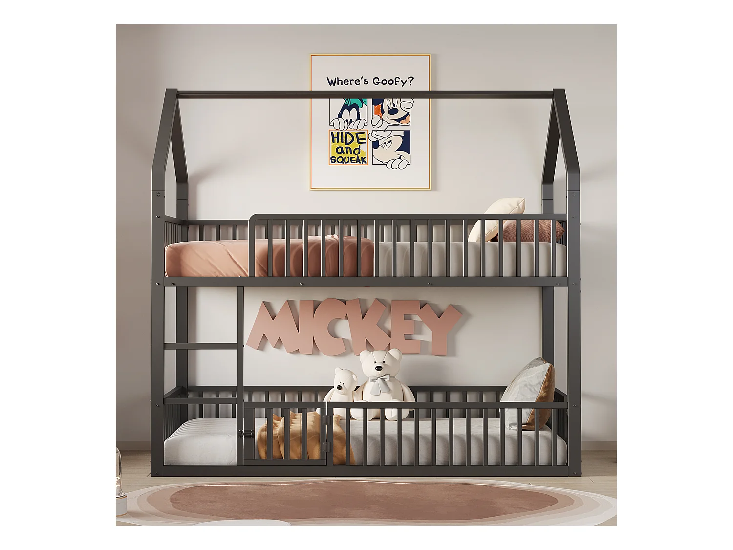 Lit superposé enfant 90x200 cm avec escalier et barrières de sécurité, noir - sans matelas