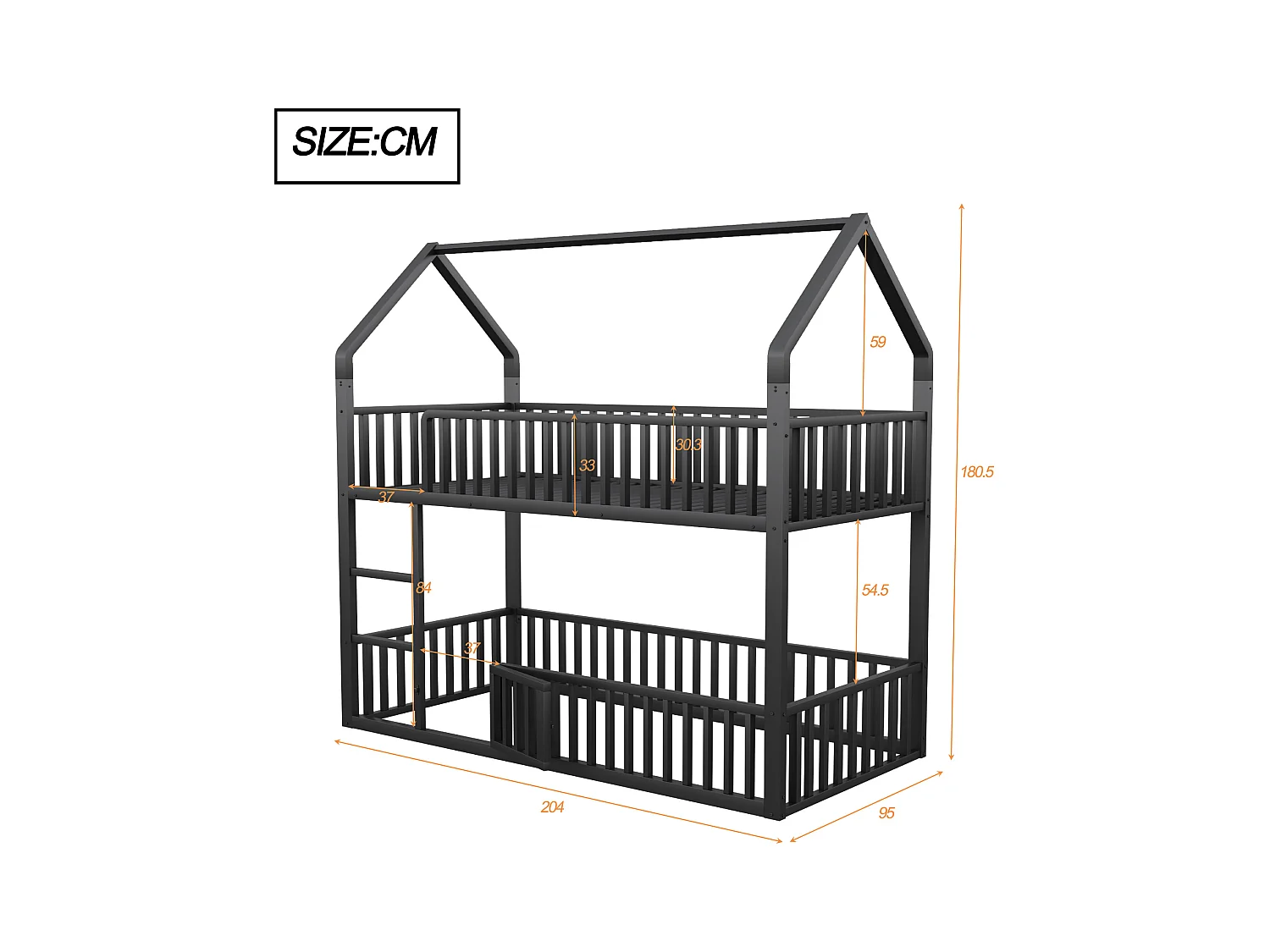 Lit superposé enfant 90x200 cm avec escalier et barrières de sécurité, noir - sans matelas