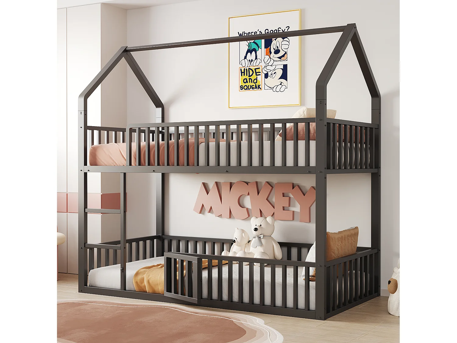 Lit superposé enfant 90x200 cm avec escalier et barrières de sécurité, noir - sans matelas