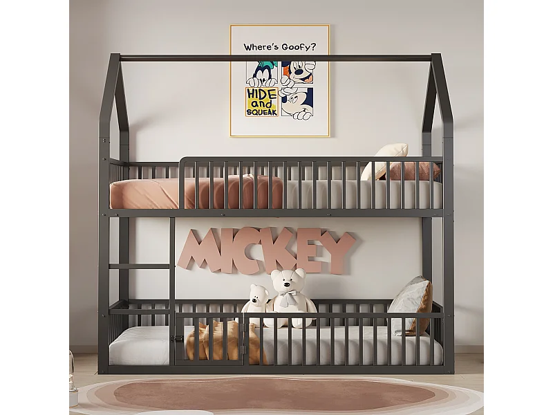Lit superposé enfant 90x200 cm avec escalier et barrières de sécurité, noir - sans matelas