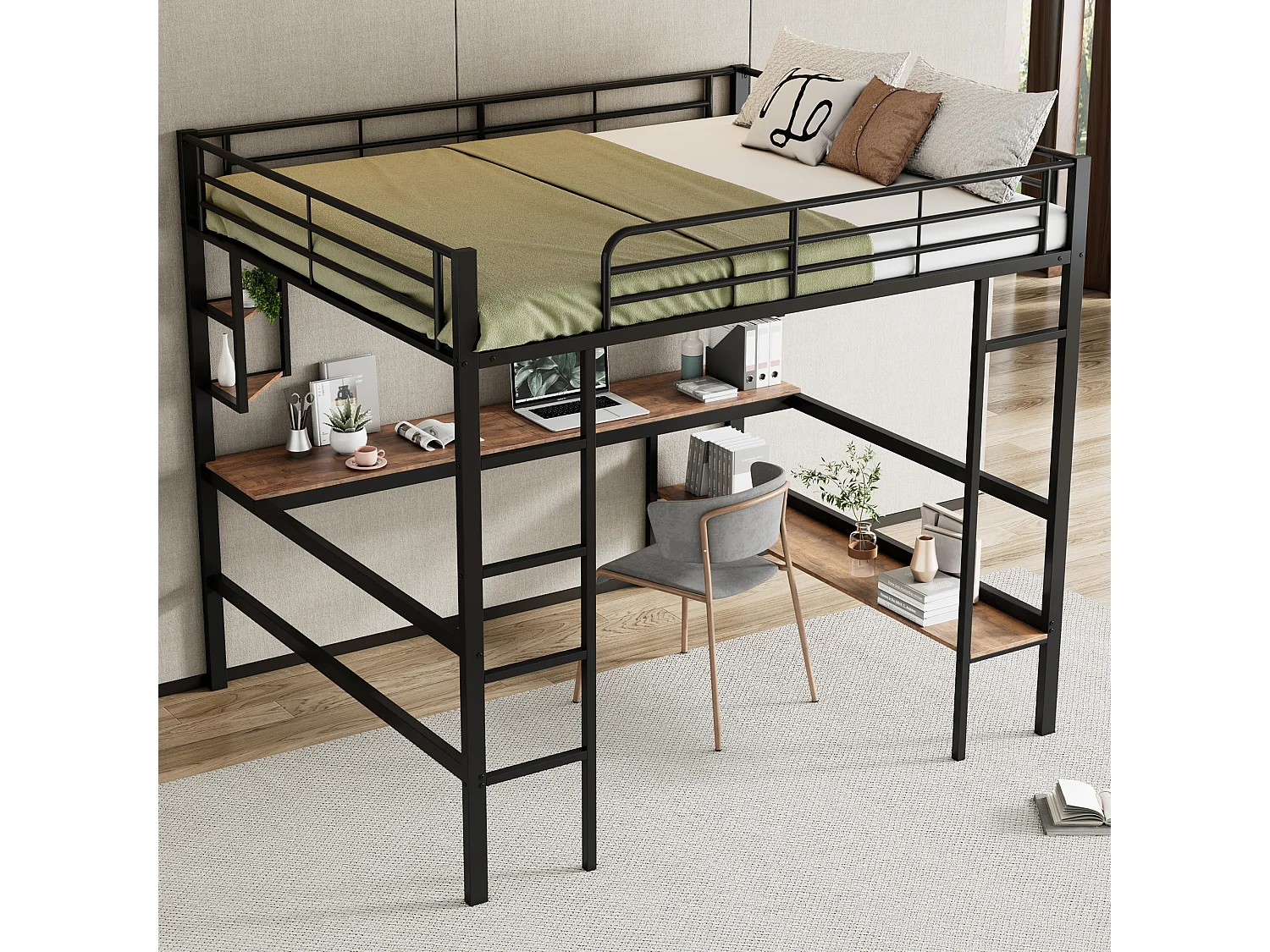 Lit mezzanine adulte 140 x 200 cm avec bureau et étagère de rangement, noir - sans matelas