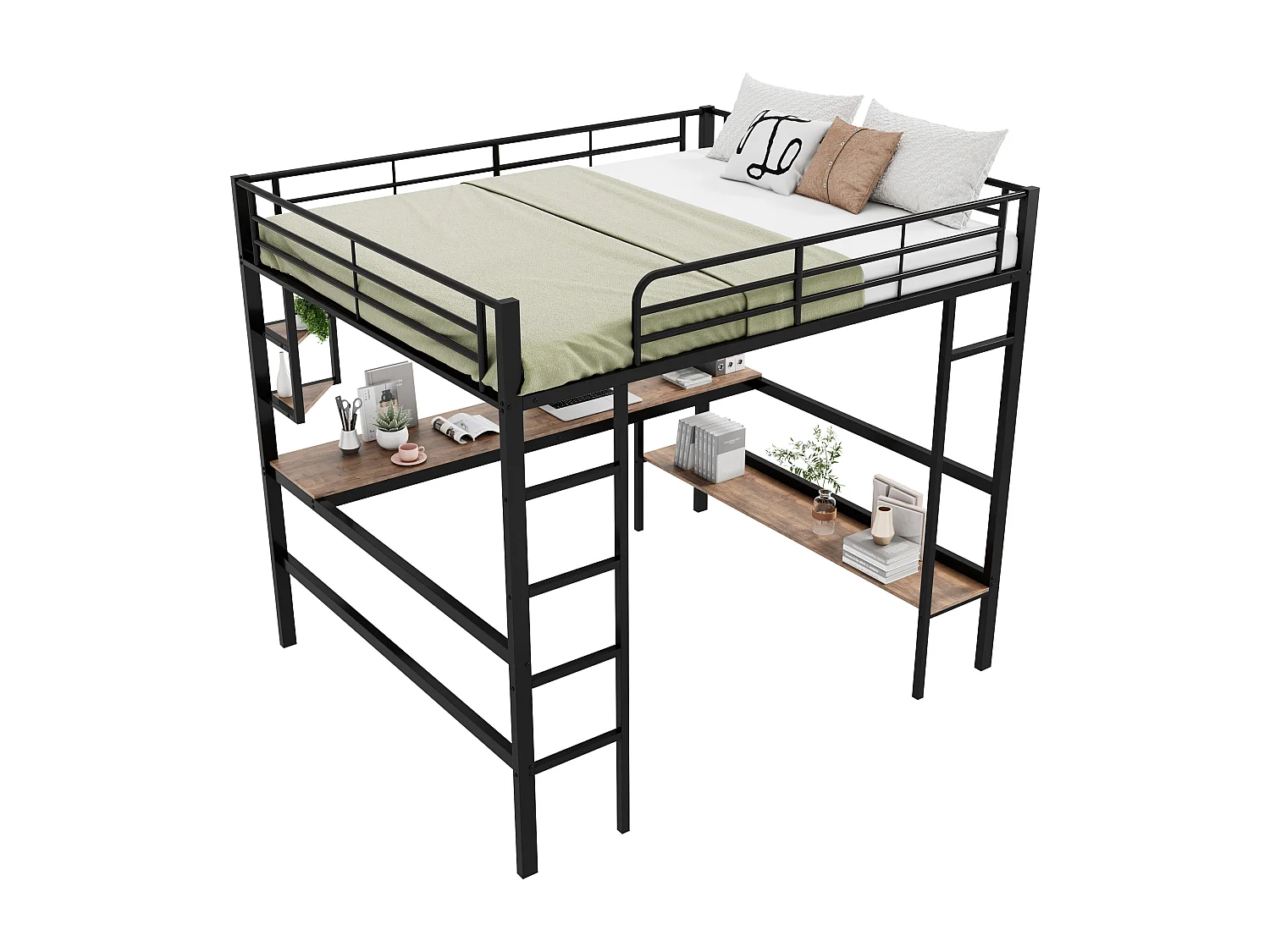 Lit mezzanine adulte 140 x 200 cm avec bureau et étagère de rangement, noir - sans matelas