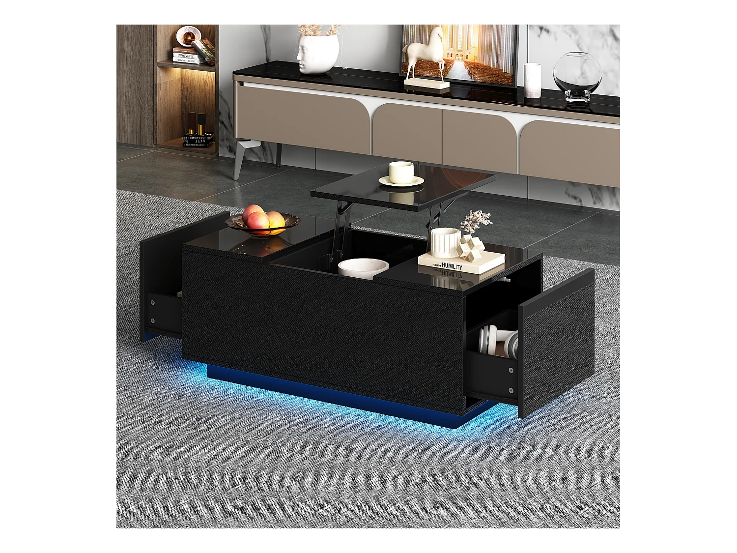 Table basse relevable Table basse noir avec éclairage LED et 2 tiroirs de rangement