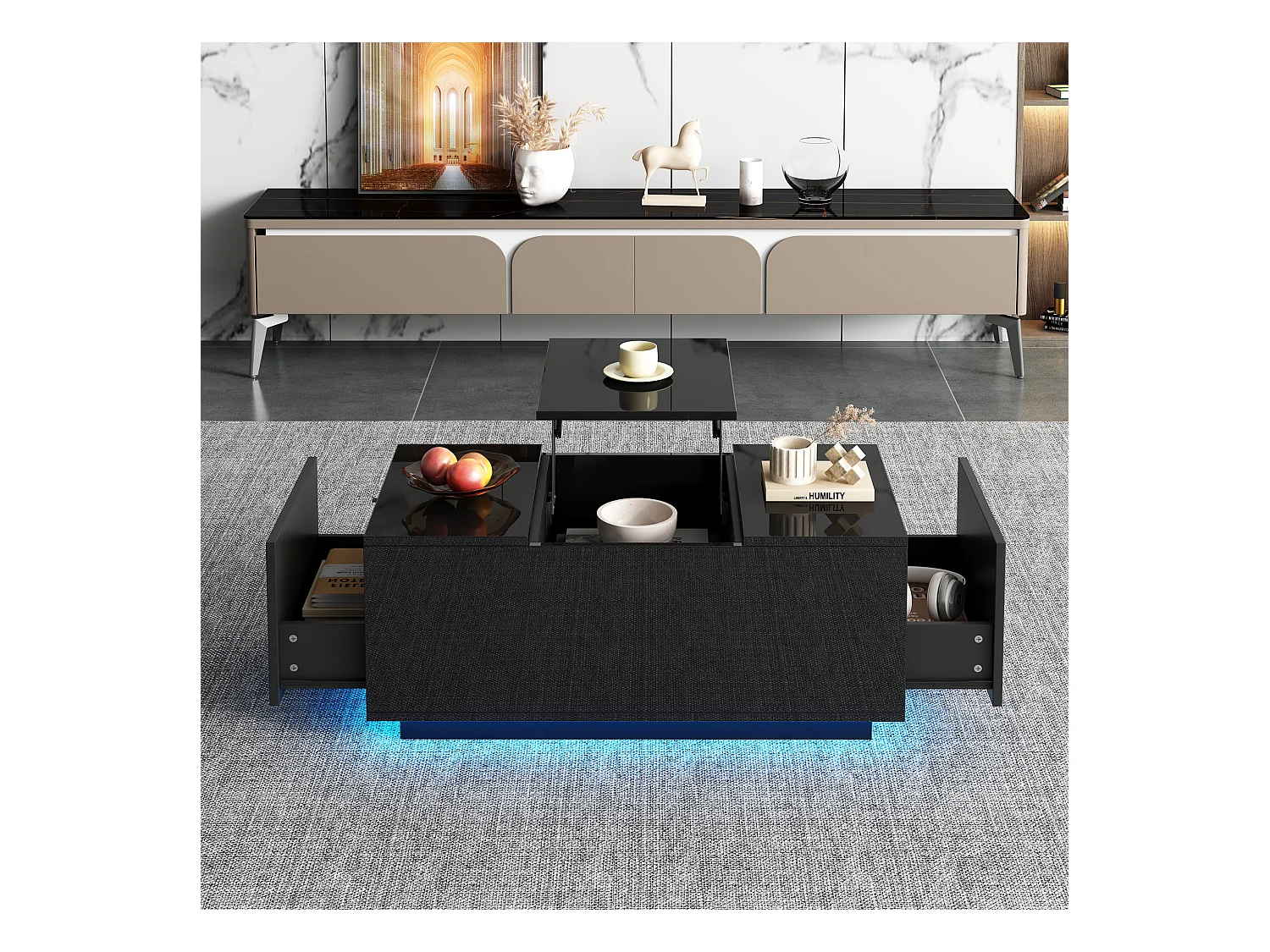 Table basse noire avec plateau réglable en hauteur et 2 tiroirs de rangement, éclairage LED