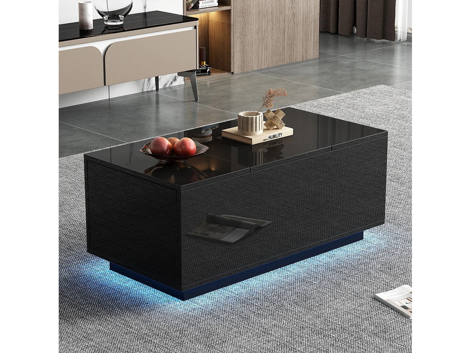 Table basse relevable Table basse noir avec éclairage LED et 2 tiroirs de rangement