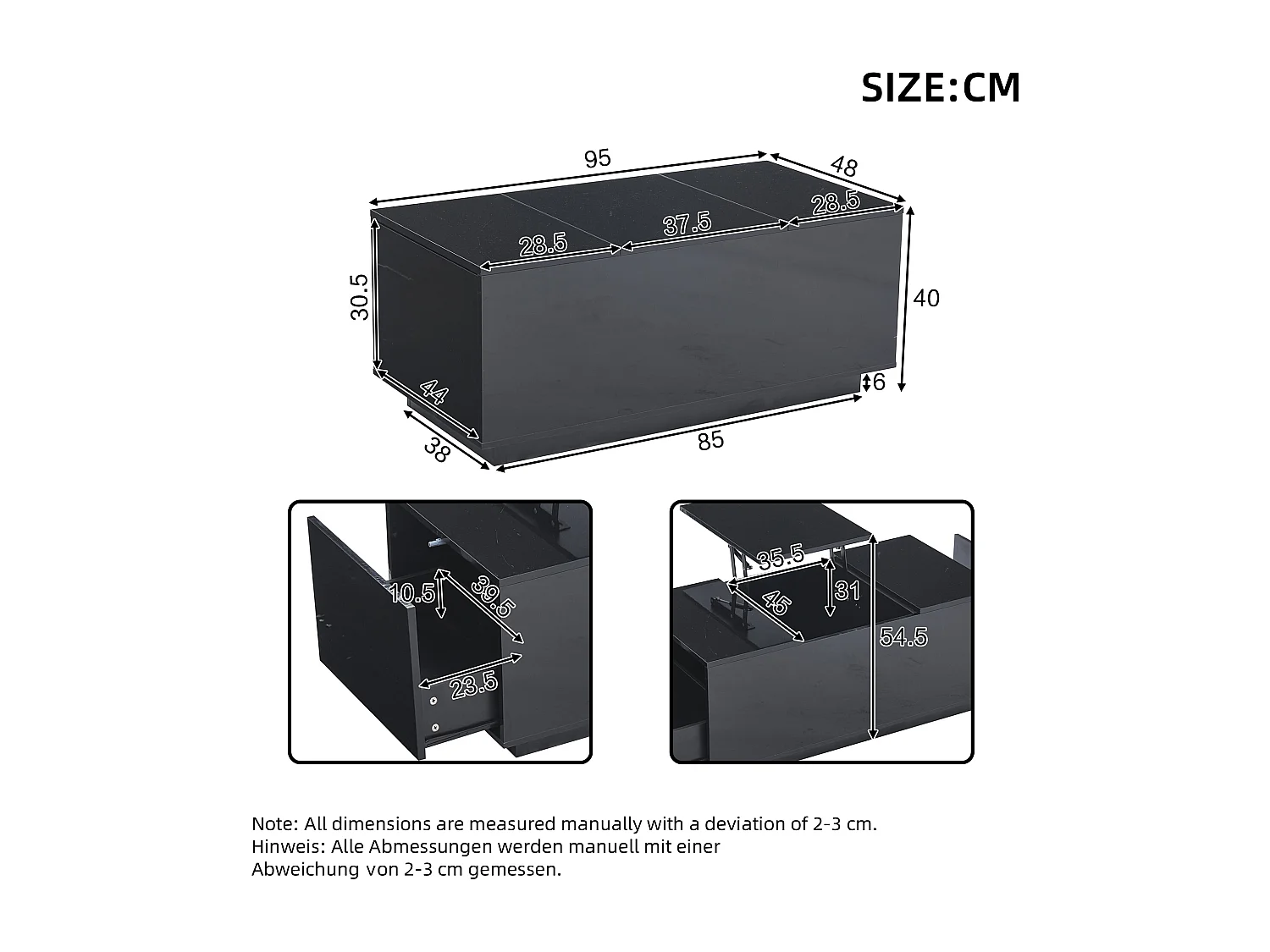 Table basse relevable Table basse noir avec éclairage LED et 2 tiroirs de rangement