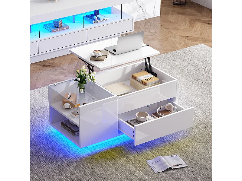 Tavolino bianco lucido con illuminazione LED e porta USB, 1 cassetto - Per soggiorno