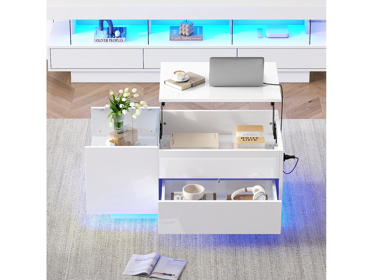 Table basse relevable Table basse blanc avec éclairage LED et prise USB, 1 tiroir - pour salon