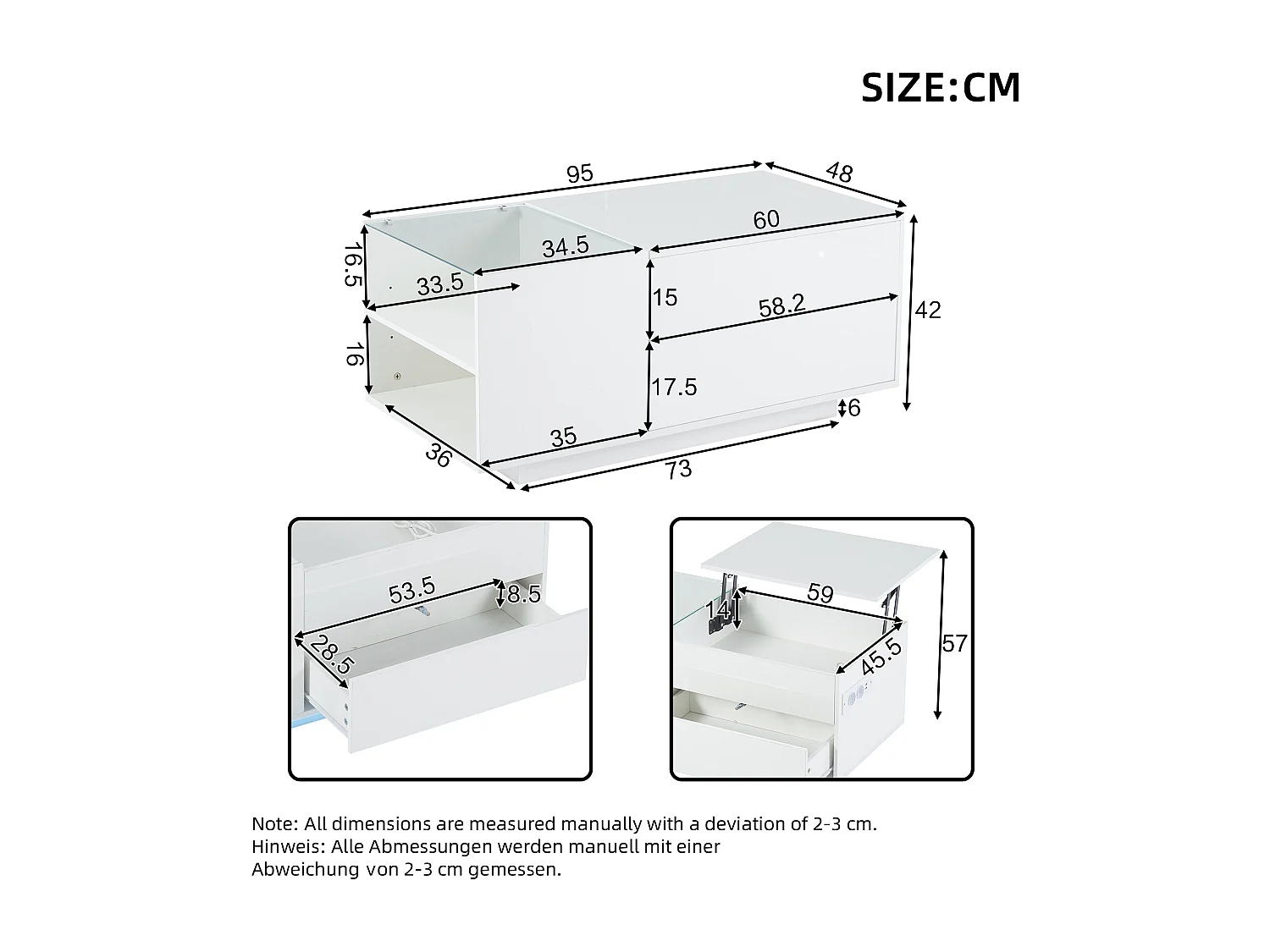 Table basse relevable Table basse blanc avec éclairage LED et prise USB, 1 tiroir - pour salon