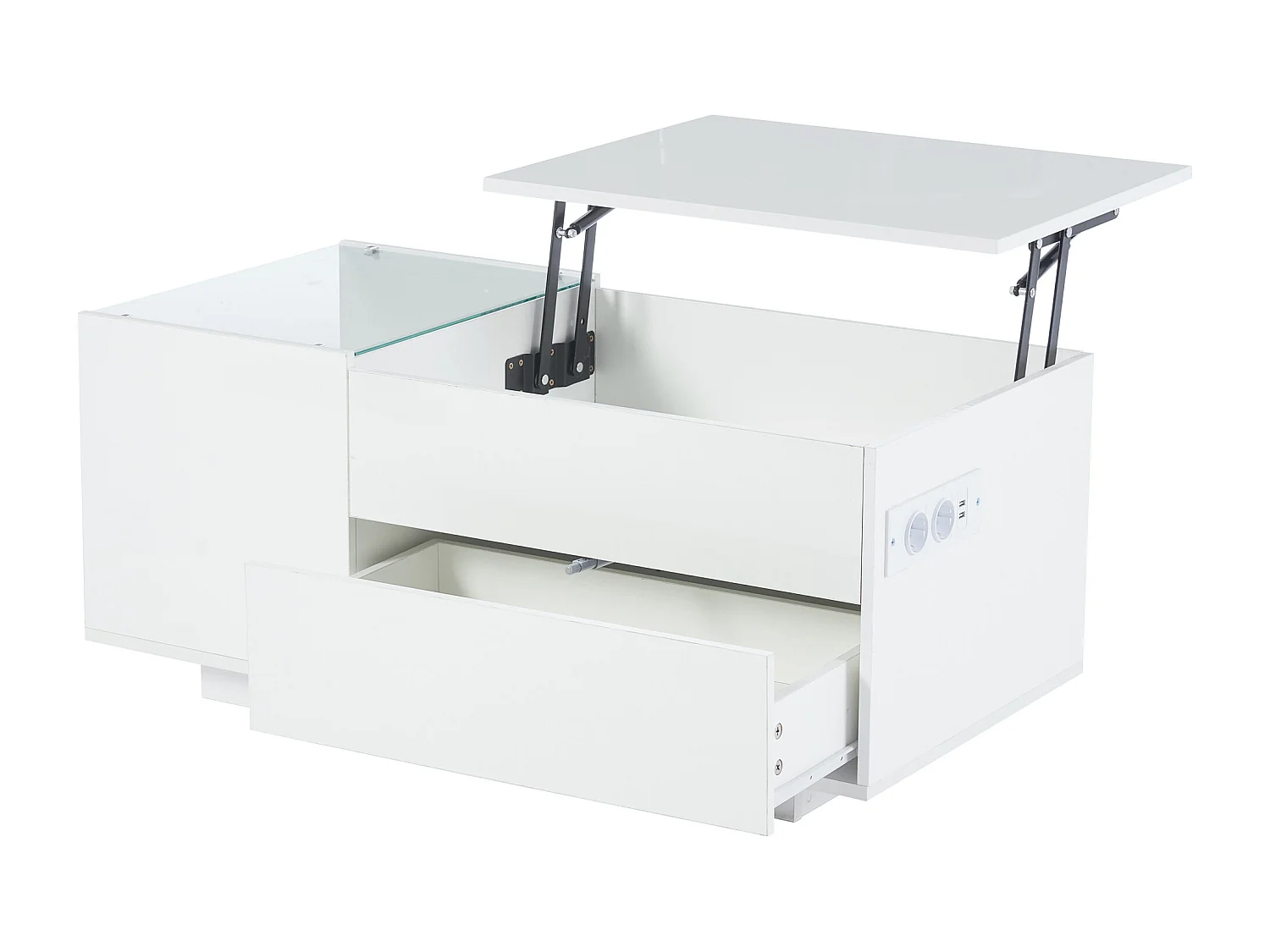 Table basse relevable Table basse blanc avec éclairage LED et prise USB, 1 tiroir - pour salon