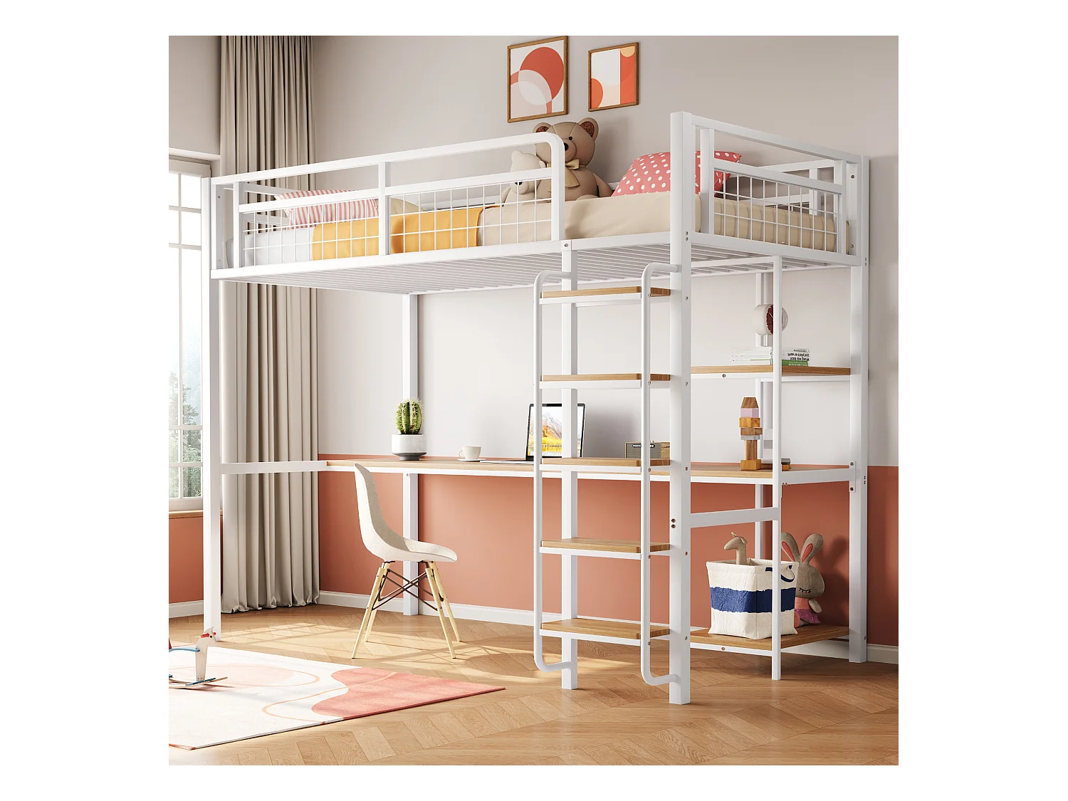 Lit mezzanine simple 90x200 cm avec bureau et étagères, blanc - sans matelas