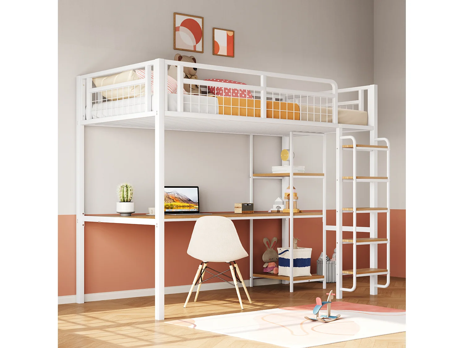 Hoogslaper 90x200 cm met bureau en planken, wit - zonder matras