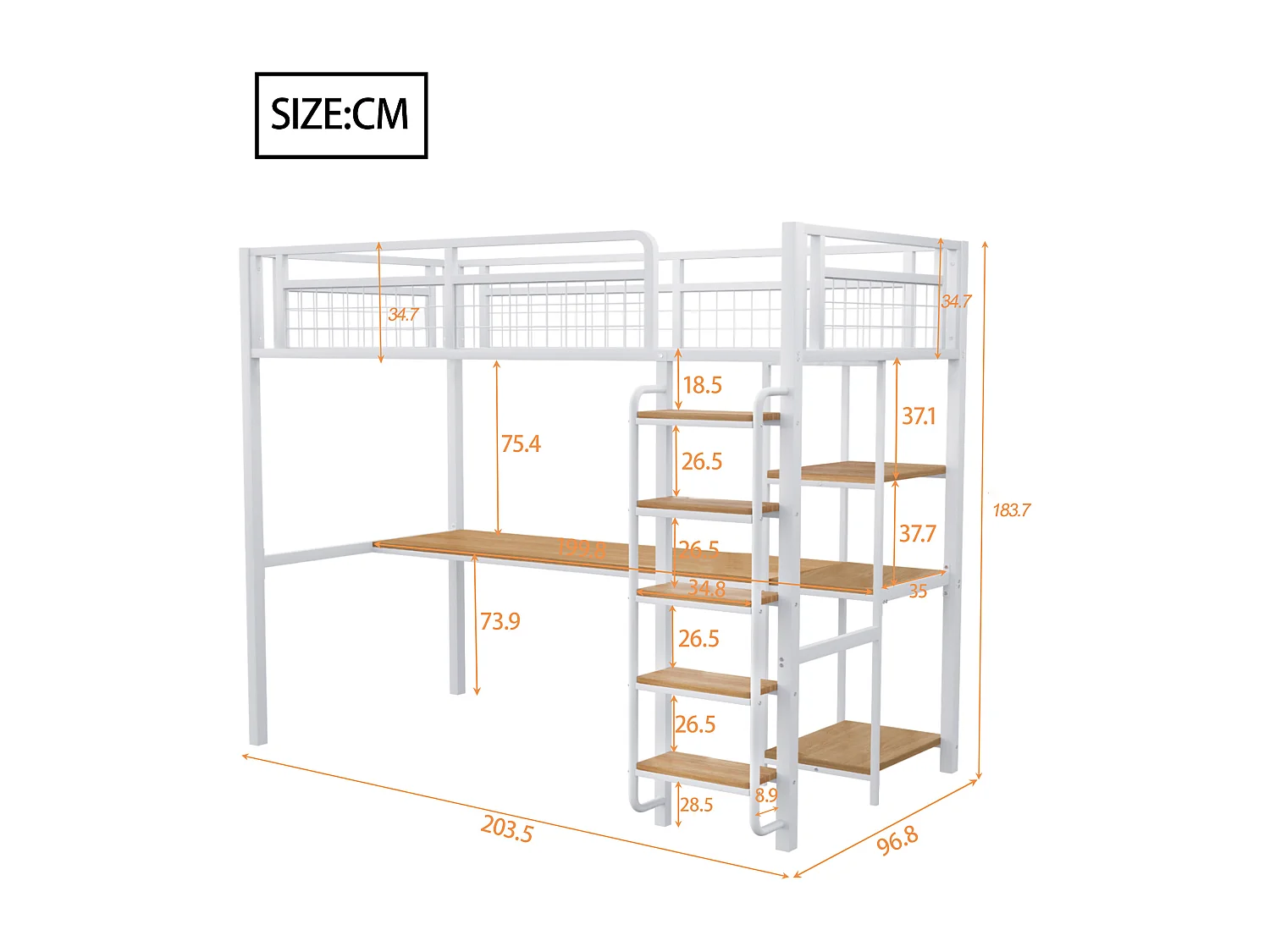 Hoogslaper 90x200 cm met bureau en planken, wit - zonder matras