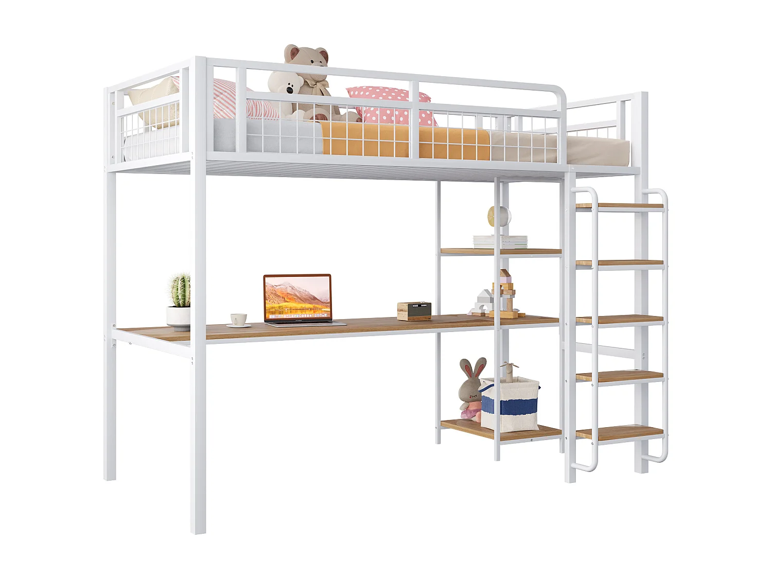 Hoogslaper 90x200 cm met bureau en planken, wit - zonder matras