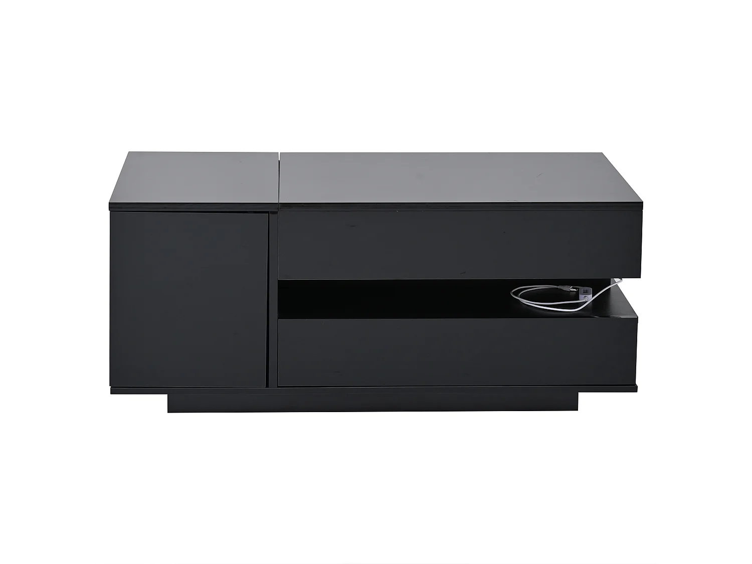 Schwarzer glänzender Couchtisch mit hochklappbarer Tischplatte, Schubladen und LED-Beleuchtung