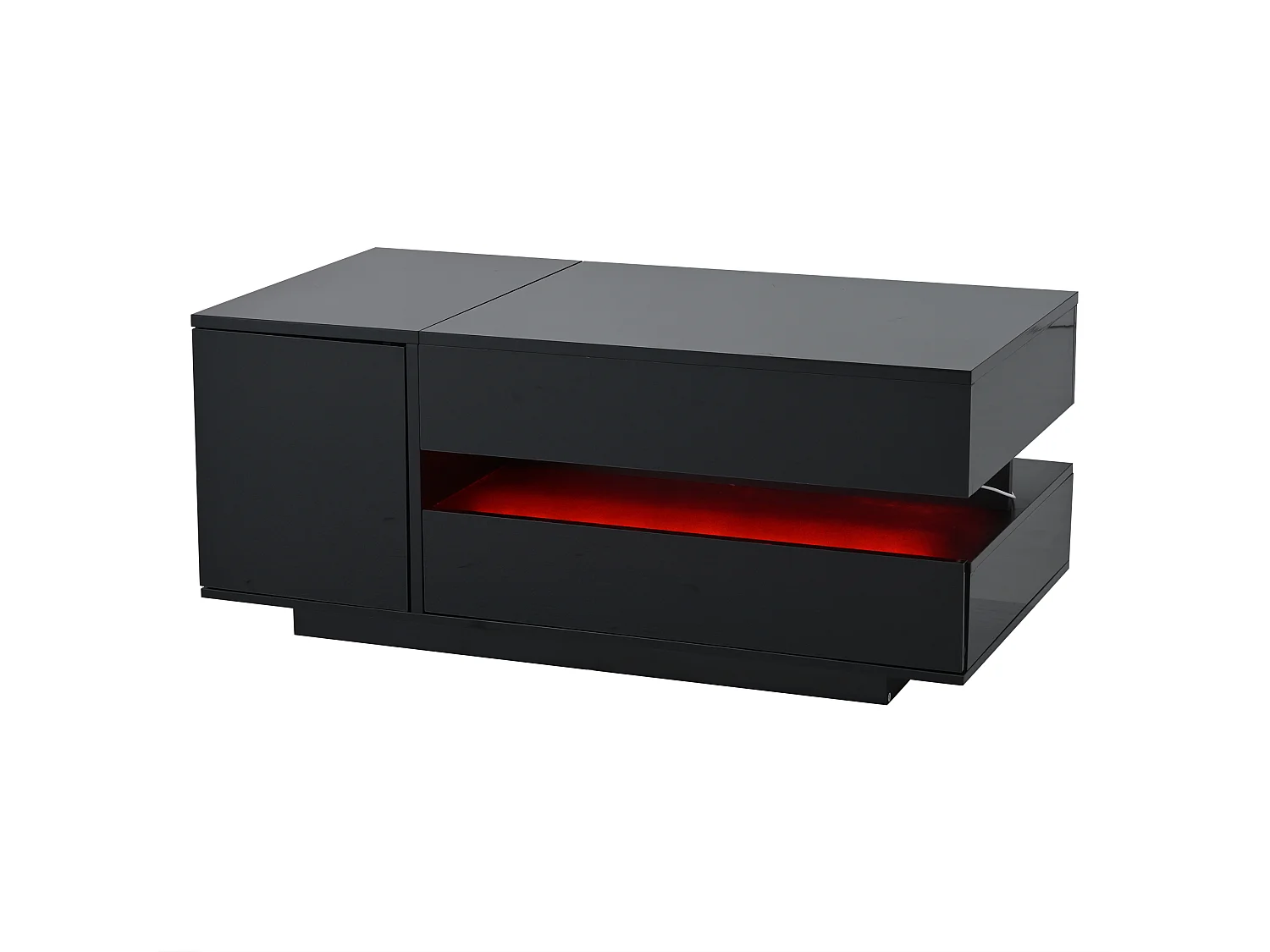 Schwarzer glänzender Couchtisch mit hochklappbarer Tischplatte, Schubladen und LED-Beleuchtung