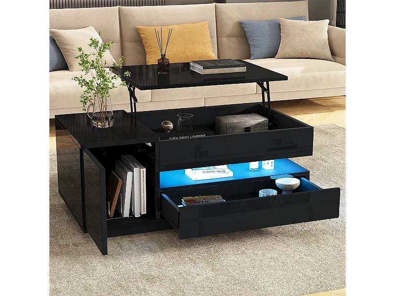 Schwarzer glänzender Couchtisch mit hochklappbarer Tischplatte, Schubladen und LED-Beleuchtung