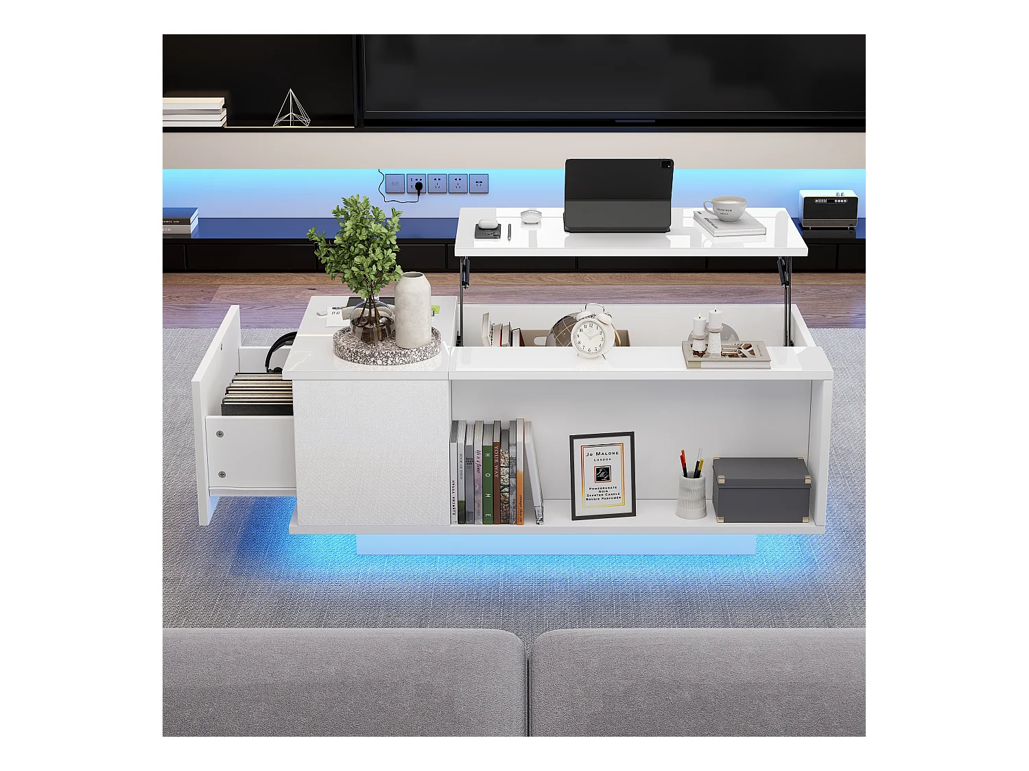 Table basse blanche avec plateau réglable en hauteur et 1 tiroir de rangement, éclairage LED