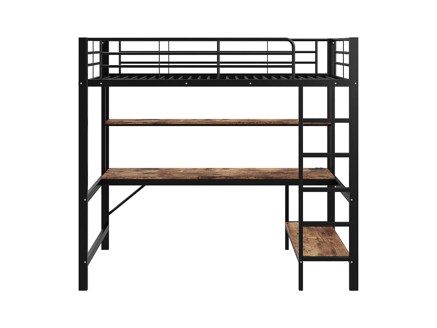 Hochbett 90x200 cm mit USB- und LED-Beleuchtung, Regalen und Schreibtisch, schwarz - ohne Matratze