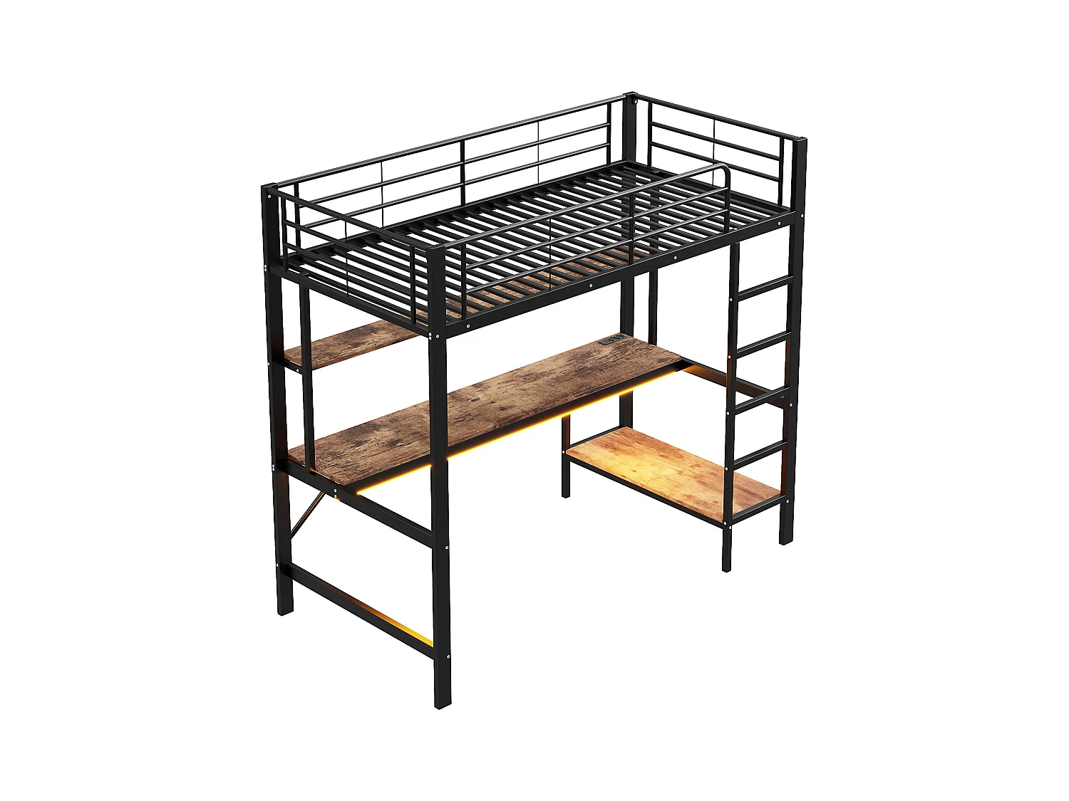 Hochbett 90x200 cm mit USB- und LED-Beleuchtung, Regalen und Schreibtisch, schwarz - ohne Matratze